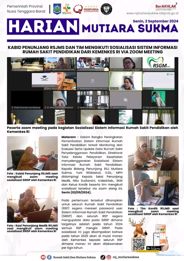 KABID PENUNJANG RSJMS DAN TIM MENGIKUTI SOSIALISASI SISTEM INFORMASI RUMAH SAKIT PENDIDIKAN DARI KEMENKES RI VIA ZOOM MEETING